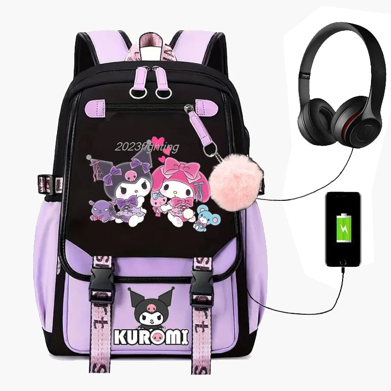 Purple Kuromi Melody School Bag | USB Laptop Backpack for Women & Men