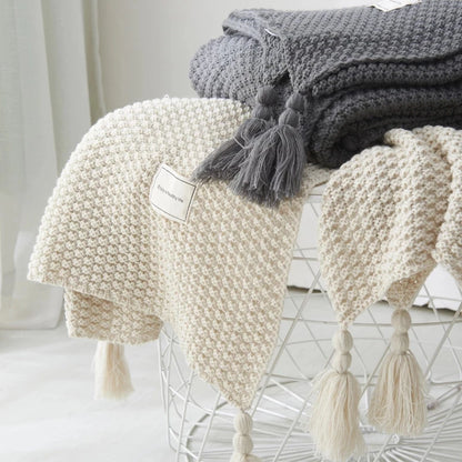 Nordic Wool Blanket with Tassels and Knitted Balls