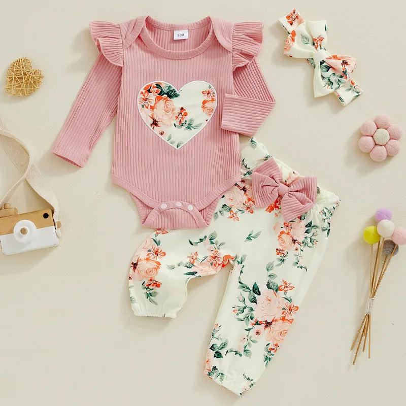 Baby Girl Floral Bodysuit & Pants Set with Headband