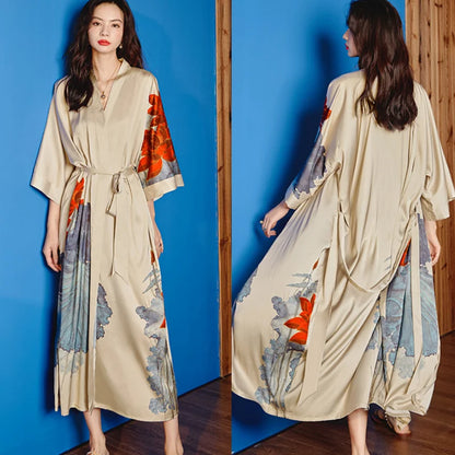 Chinese Style Floral Satin Robe for Women