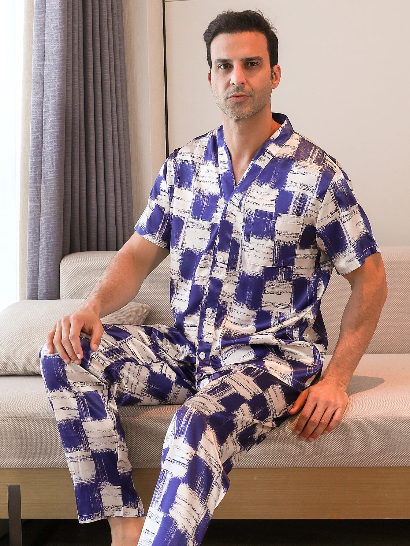 Men's Two-Piece Sleepwear Set –Sleeved Shirt & Checkered Pants