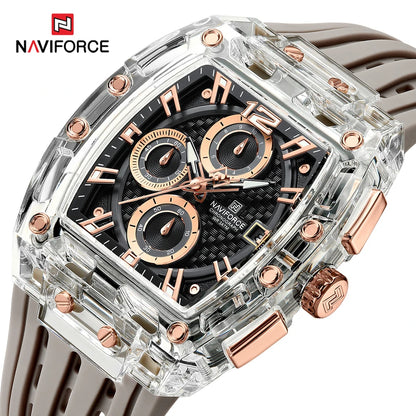 NAVIFORCE Transparent Tonneau Quartz Watch for Men - Waterproof Luxury Sports Timepiece