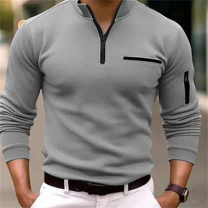 Men's Casual Tooling Style POLO Shirt – Striped Arm Long Sleeve Zipper Splicing