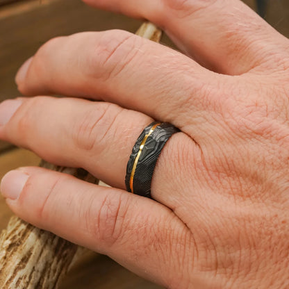 Damascus Steel Ring 8mm Black with Gold-Plated Inner Layer Men's Couple Wedding Ring