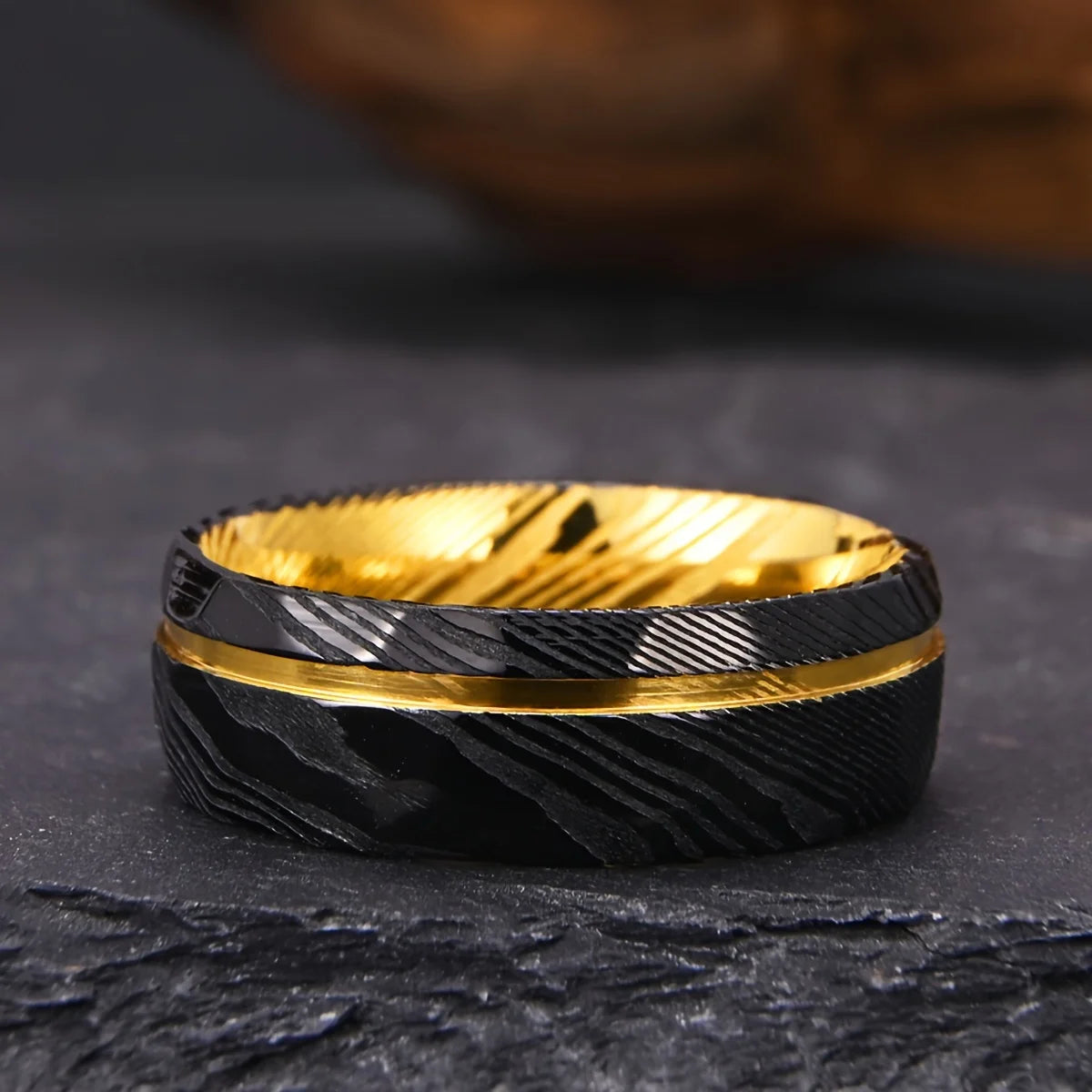 Damascus Steel Ring 8mm Black with Gold-Plated Inner Layer Men's Couple Wedding Ring