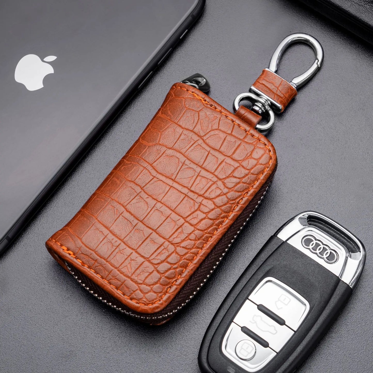 Fashion Leather Car Key Bag – Crocodile Pattern Zipper Keychain, Men’s Key Holder & Cow Split Key Organizer Pouch Wallet