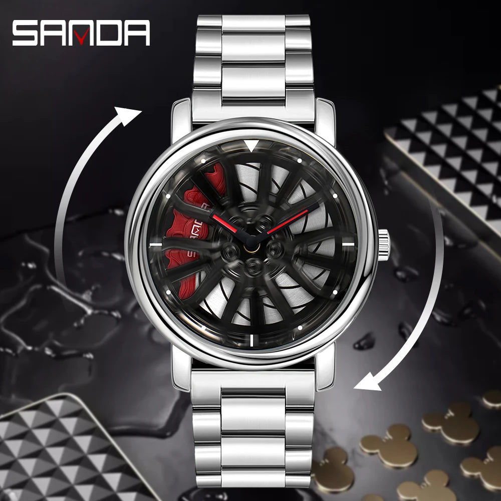 Sporty Men’s Car Rim Wristwatch - 360° Rotating Wheel Dial