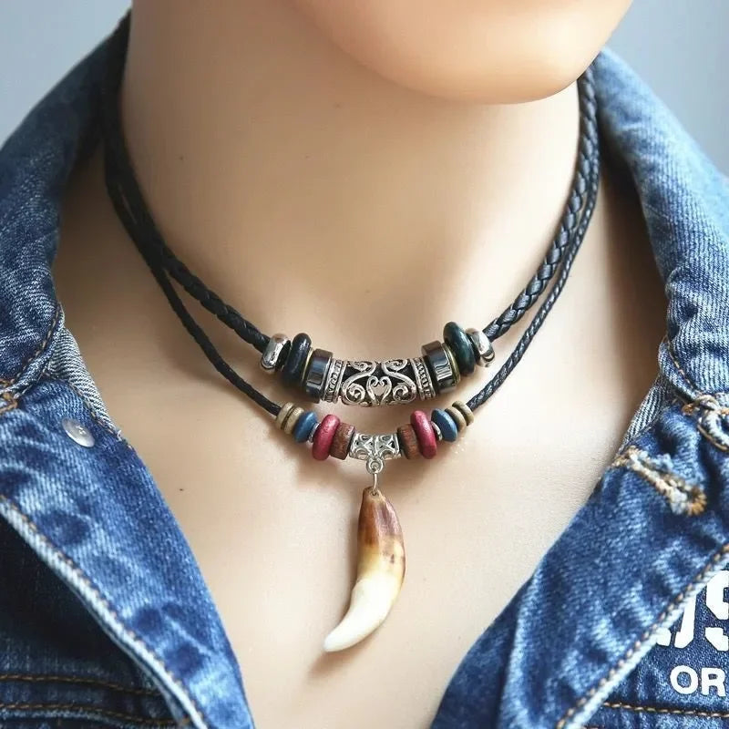 Fashion Men Women's Goth Multi-layer Vintage Wolf Tooth Pendant Leather Beaded Woven Prayer Necklace