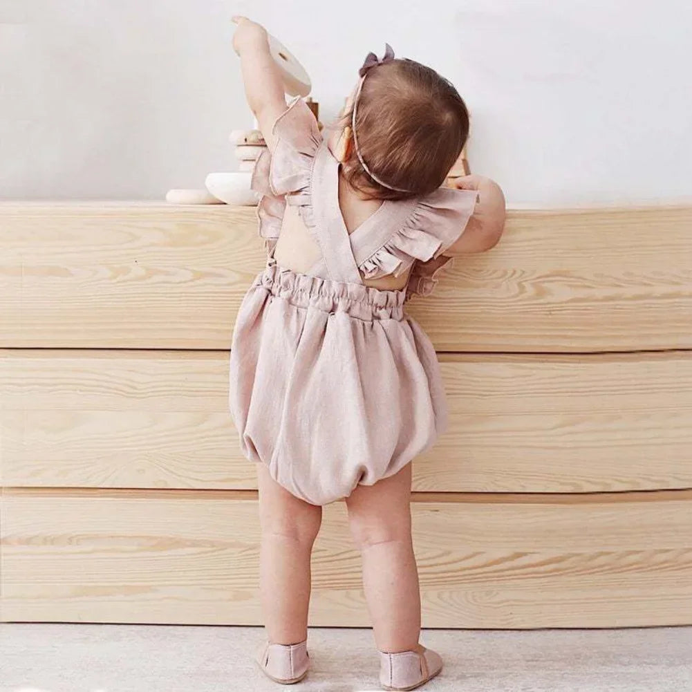 Baby Girls Ruffled Romper - Cotton Linen Sleeveless Outfit