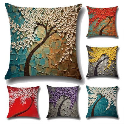 Peach Skin Velvet Oil Painting Tree Flower Pattern Pillow Protector 45x45cm