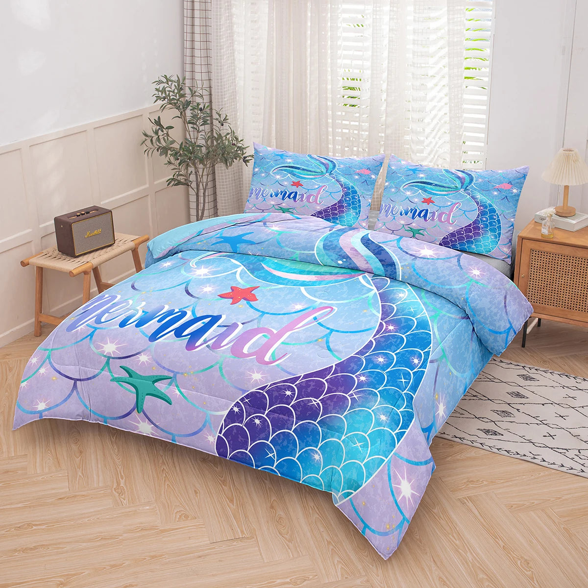 Mermaid Tail Comforter Set for Kids | Sparkle Teal Purple Rainbow Decor