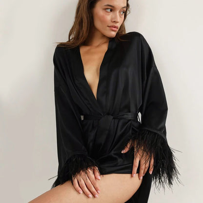 Satin Feather Bathrobe Mini Dress