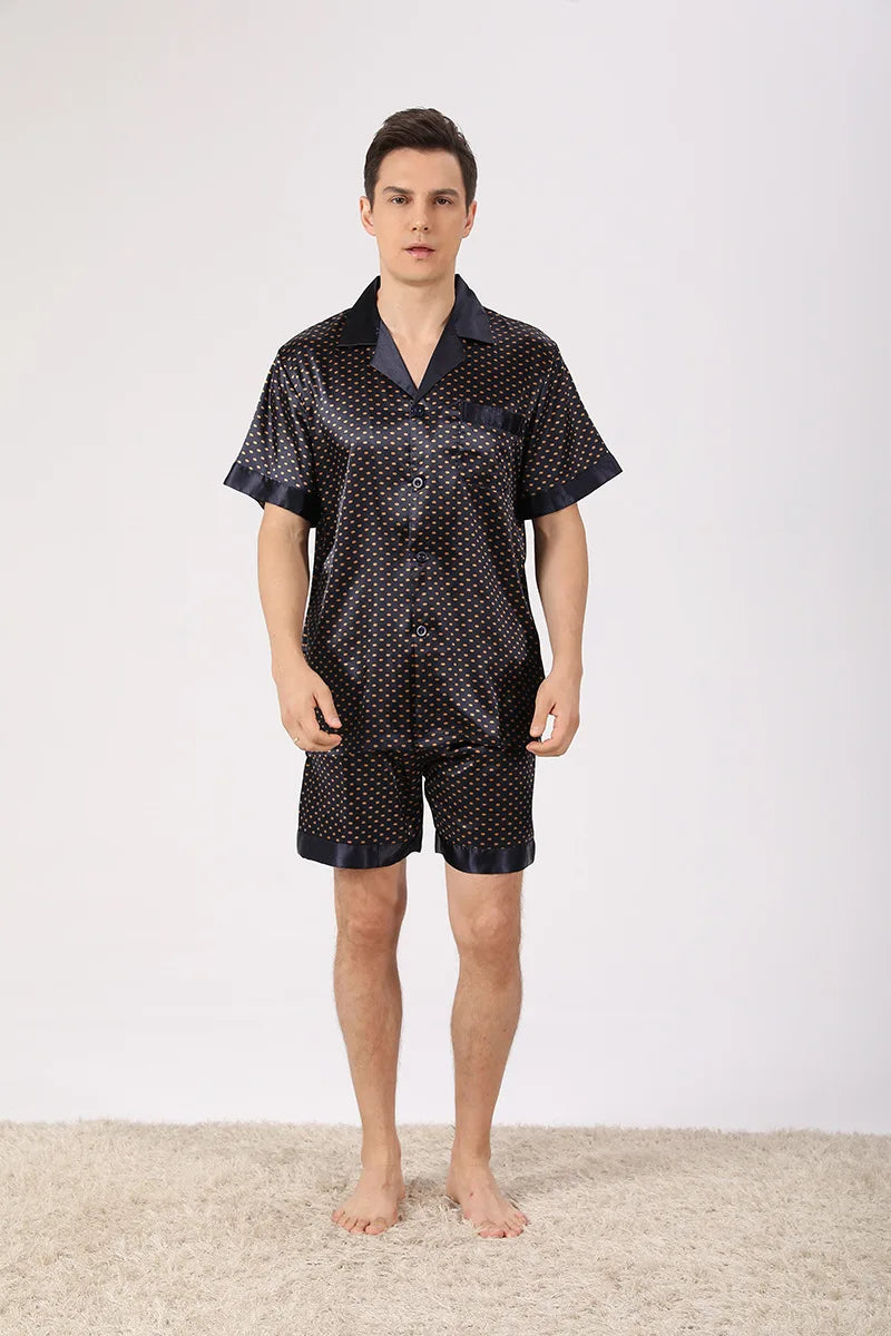 European Size Men's Satin Silk Pajamas - Short Sleeve & Shorts Set