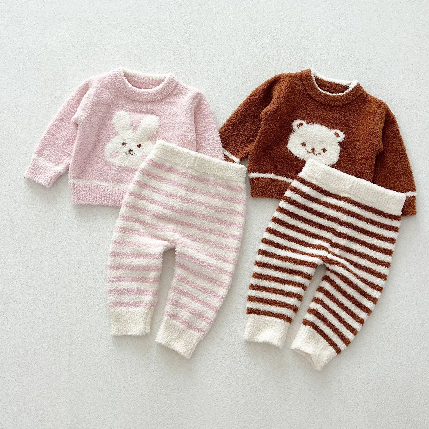 Autumn Winter Baby Girls 2-Piece Sleepwear - Velvet Tops & Striped Pants