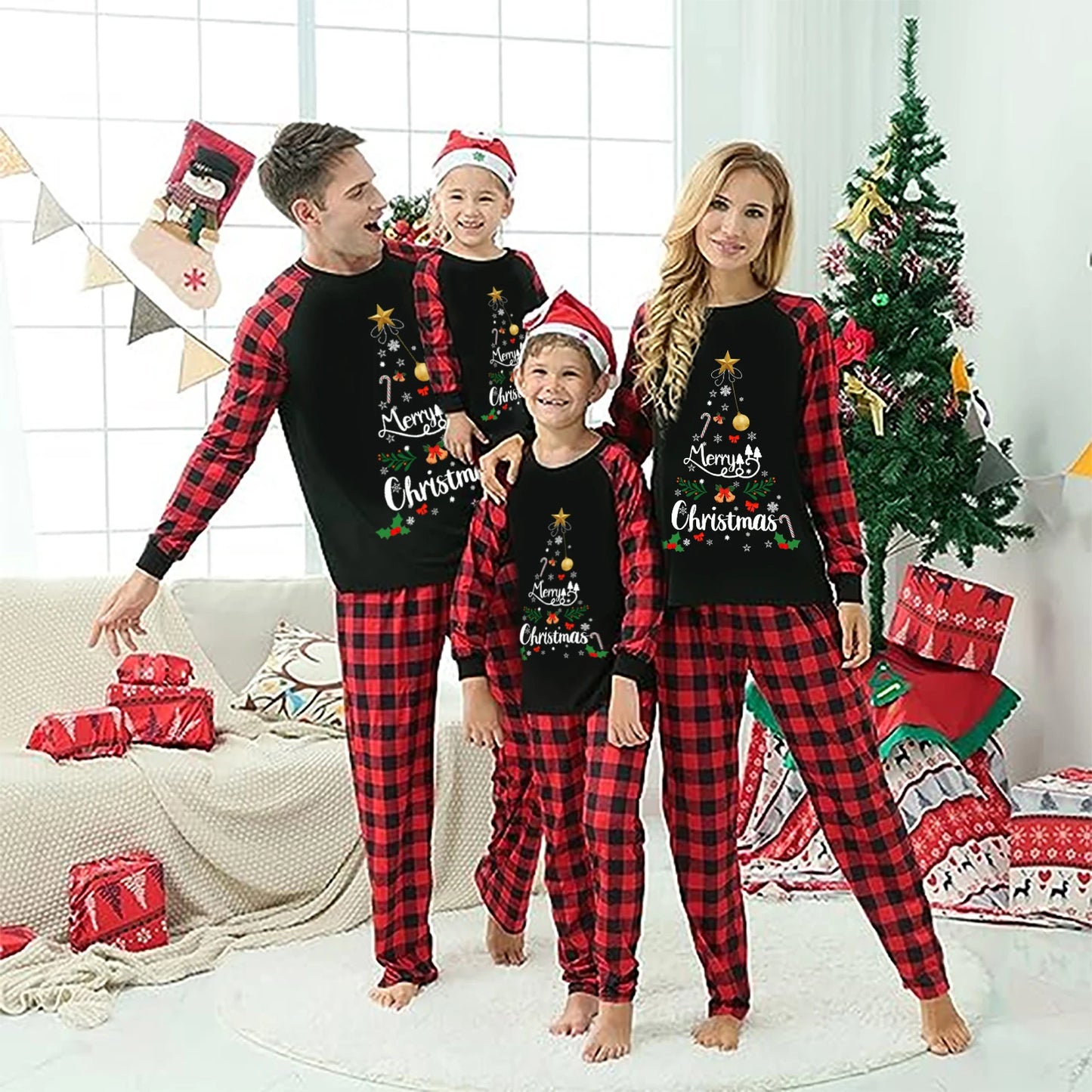 Christmas Family Pajamas Matching Set | Long Sleeve Letter Print T-Shirt & Plaid Pants