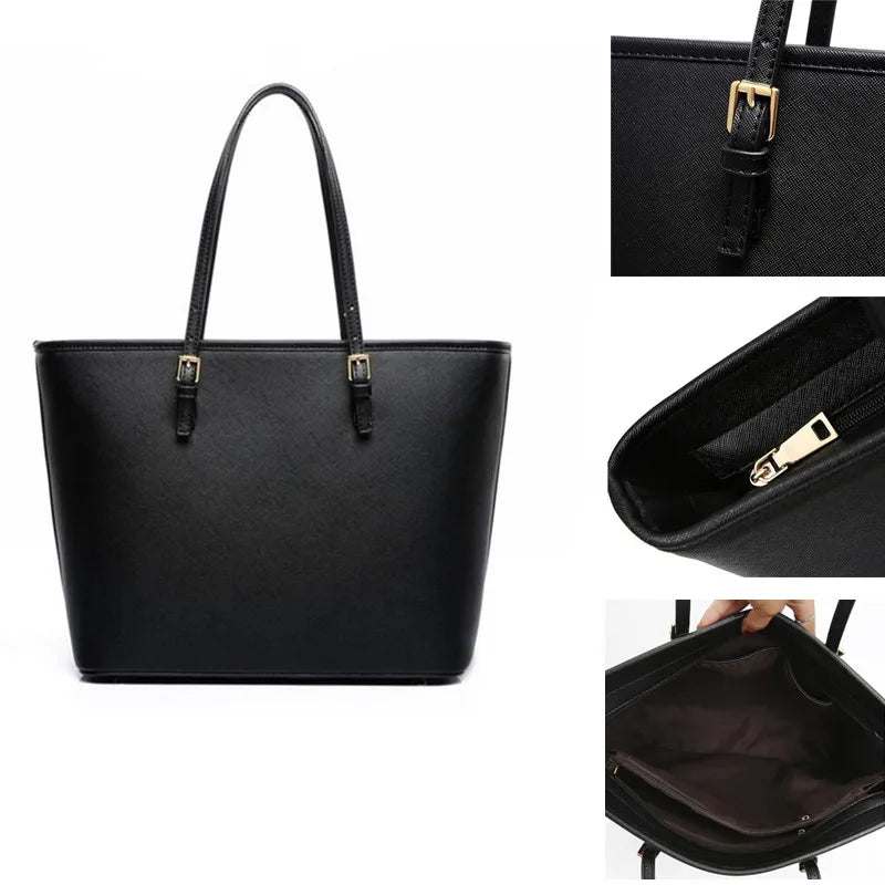 Women’s Fashion Leather Handbag | Black & White Large Capacity Shoulder Tote Bag