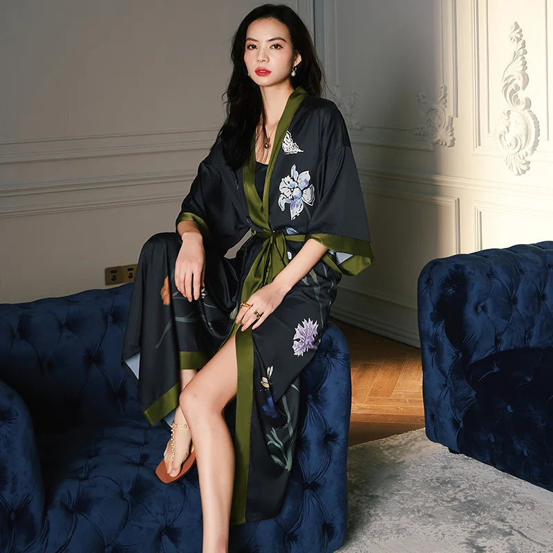 Black Floral Print Kimono Robe for Women