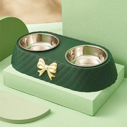 Double Stainless Steel Pet Bowl with Bow-Tie Design