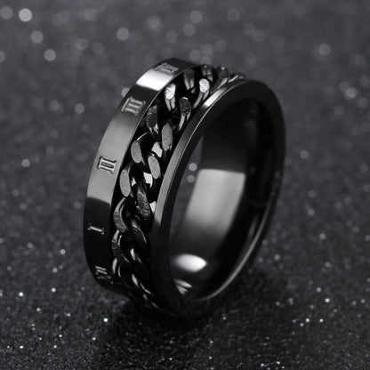 Roman Numerals Stainless Steel Chain Rotating Anxiety Black Ring for Men