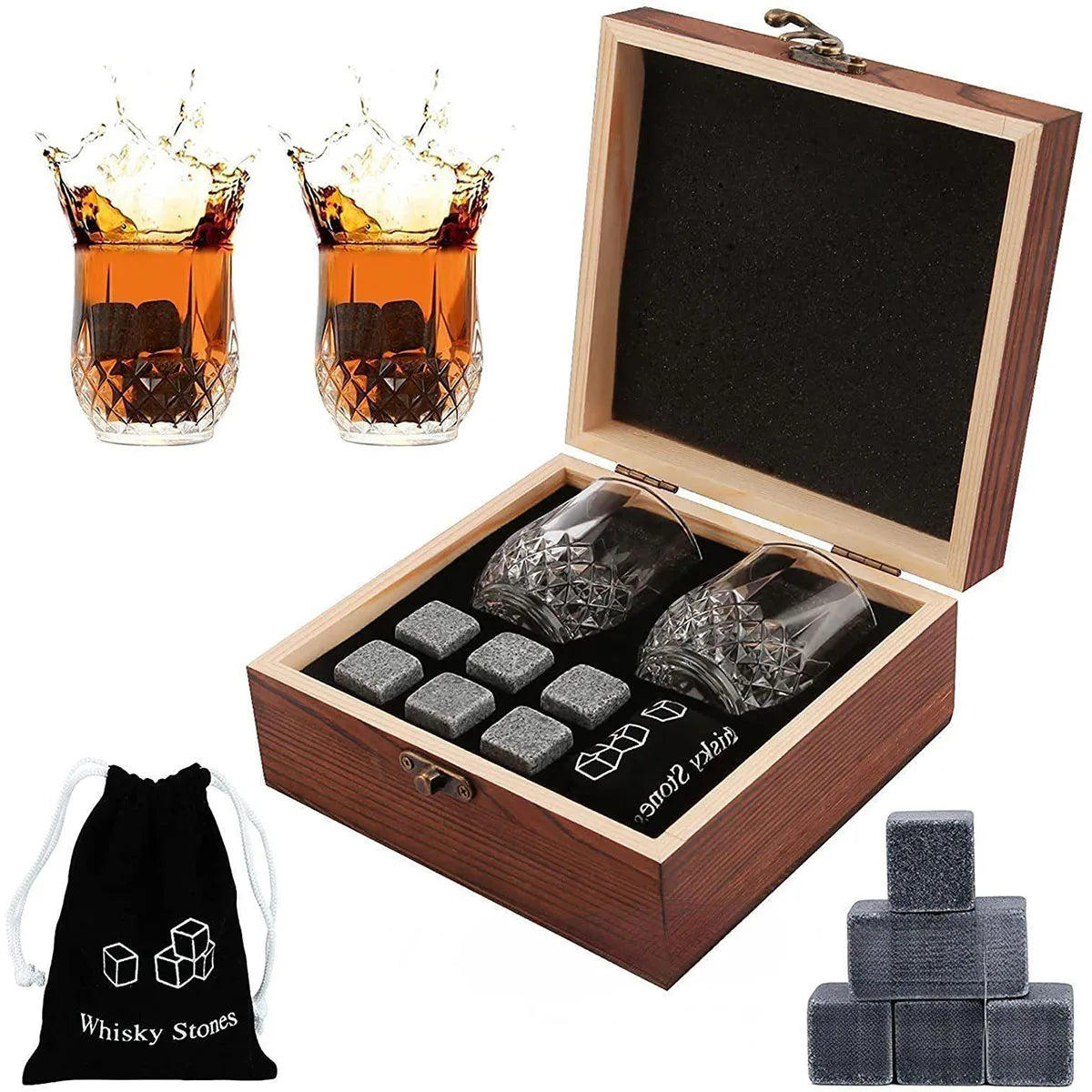 Father’s Day Whiskey Stones & Glasses Set – Granite Ice Cubes in Wooden Box