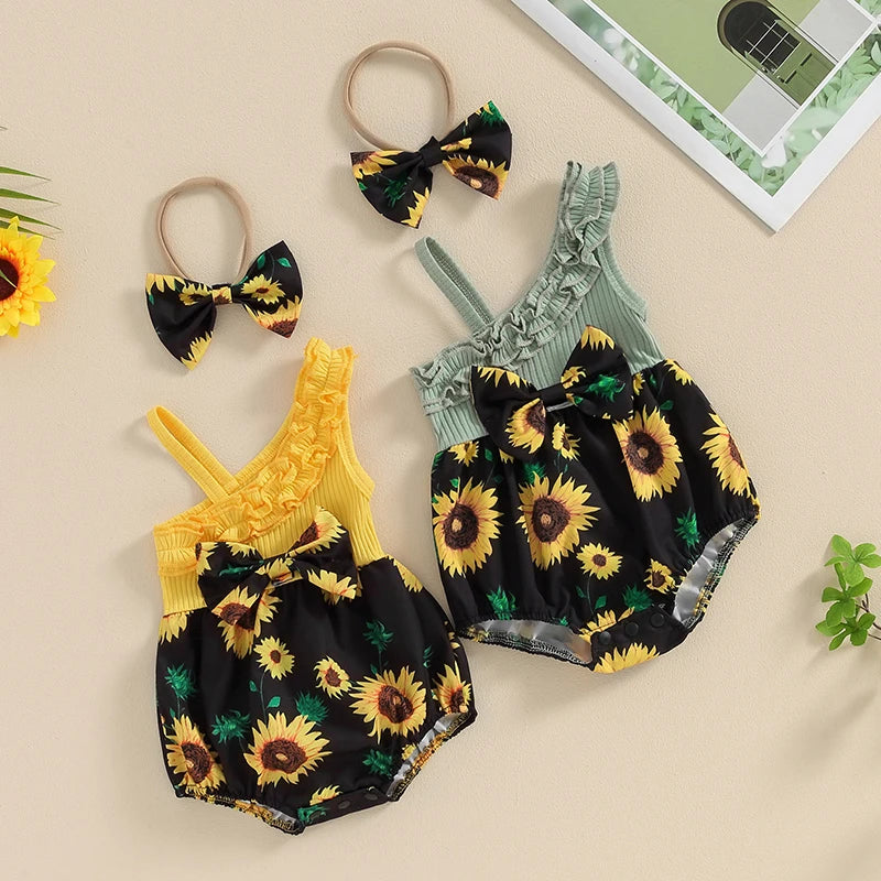 Summer Baby Girl 2-Piece Outfit | Sunflower Print Romper & Bow Headband