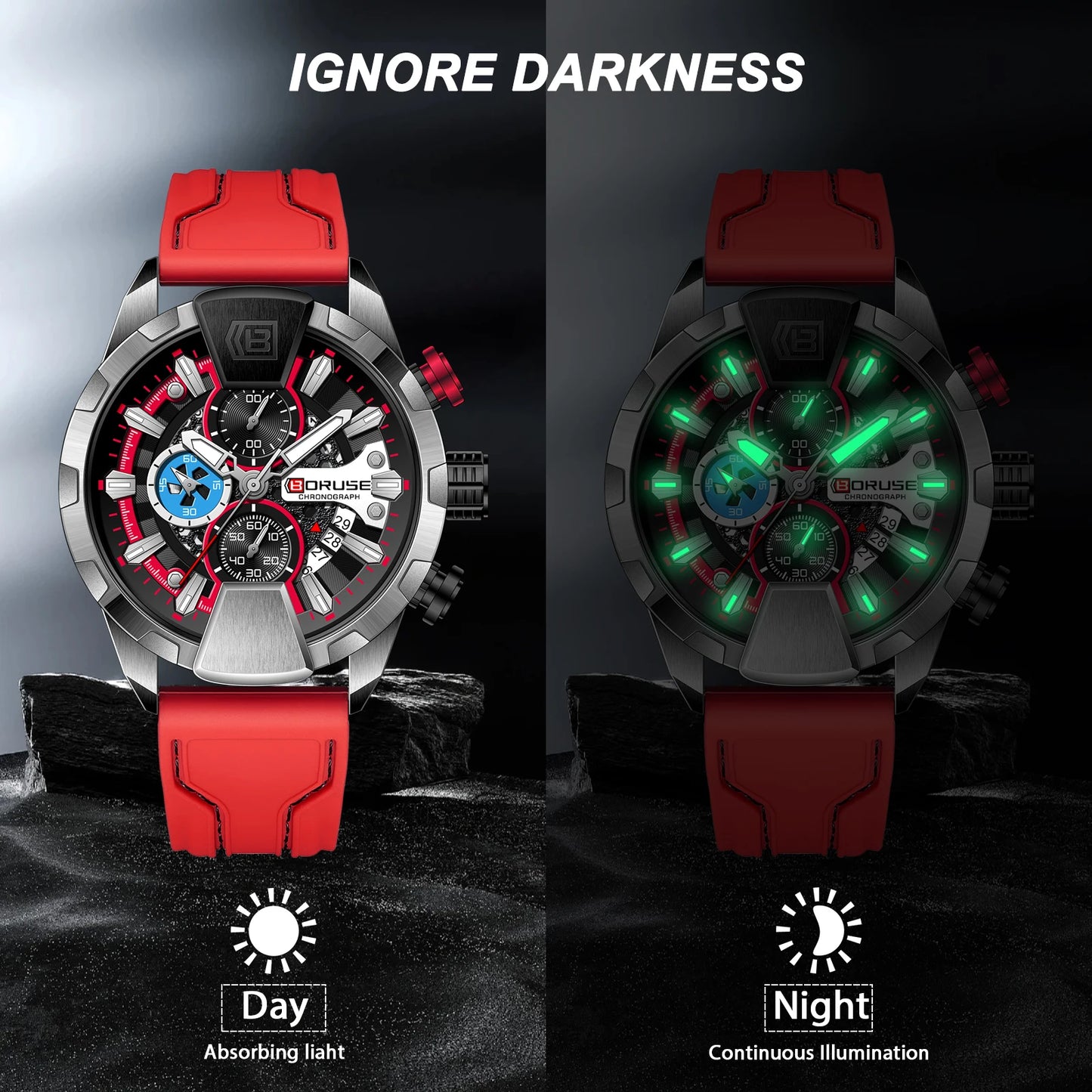 Luxury Red Chronograph Quartz Watch for Men with Silicone Band