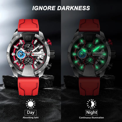 Luxury Red Chronograph Quartz Watch for Men with Silicone Band