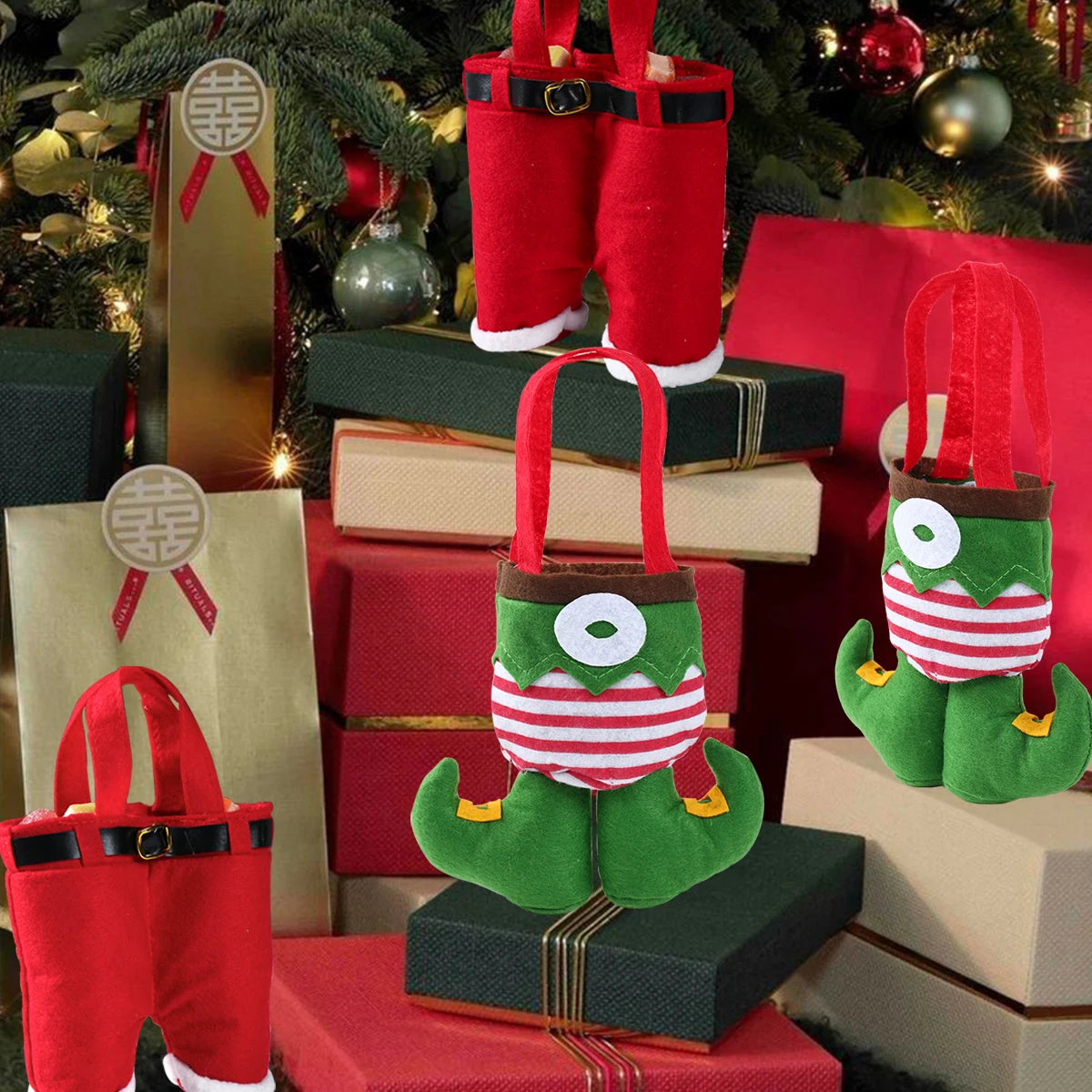 Christmas Non-Woven Elf Pants Candy Bag - Portable Holiday Decoration