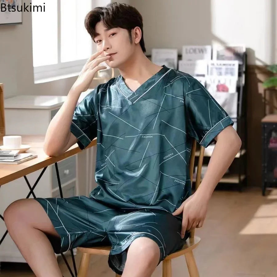 Men’s Short Sleeved Summer Pajamas - Ice Silk Sleepwear Set