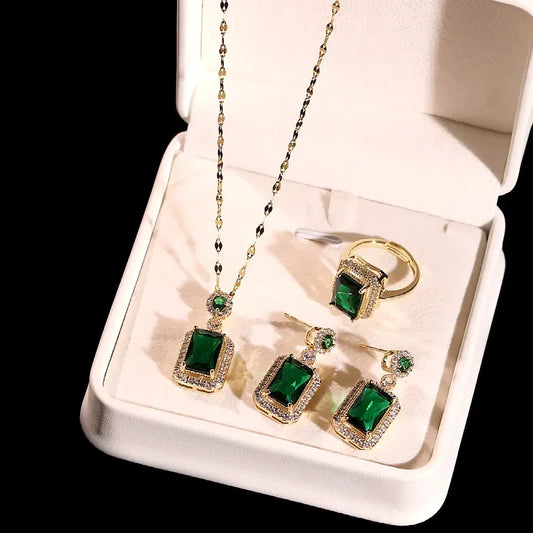 Luxury Emerald Color Jewelry Set for Women – Stainless Steel Zircon Earrings, Necklace, and Ring Set