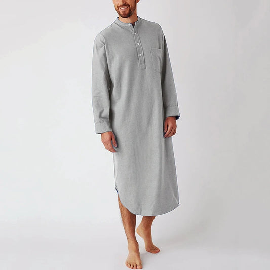 Cotton Men's Sleep Robes - Long Sleeve Solid Color Nightgown