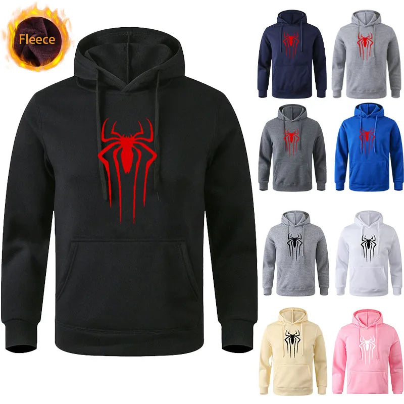 Fleece Warm Men's Hoodie | Street Spider Print Sweatshirt