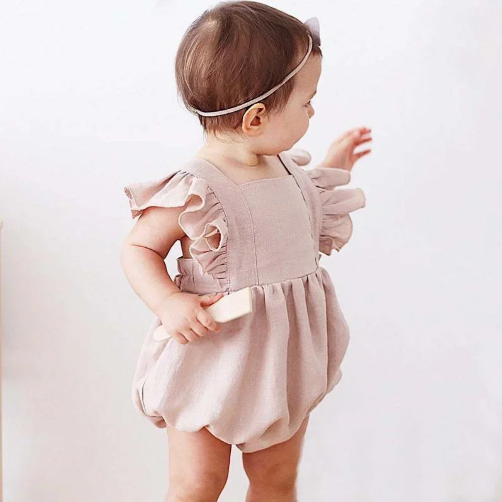 Baby Girls Ruffled Romper - Cotton Linen Sleeveless Outfit