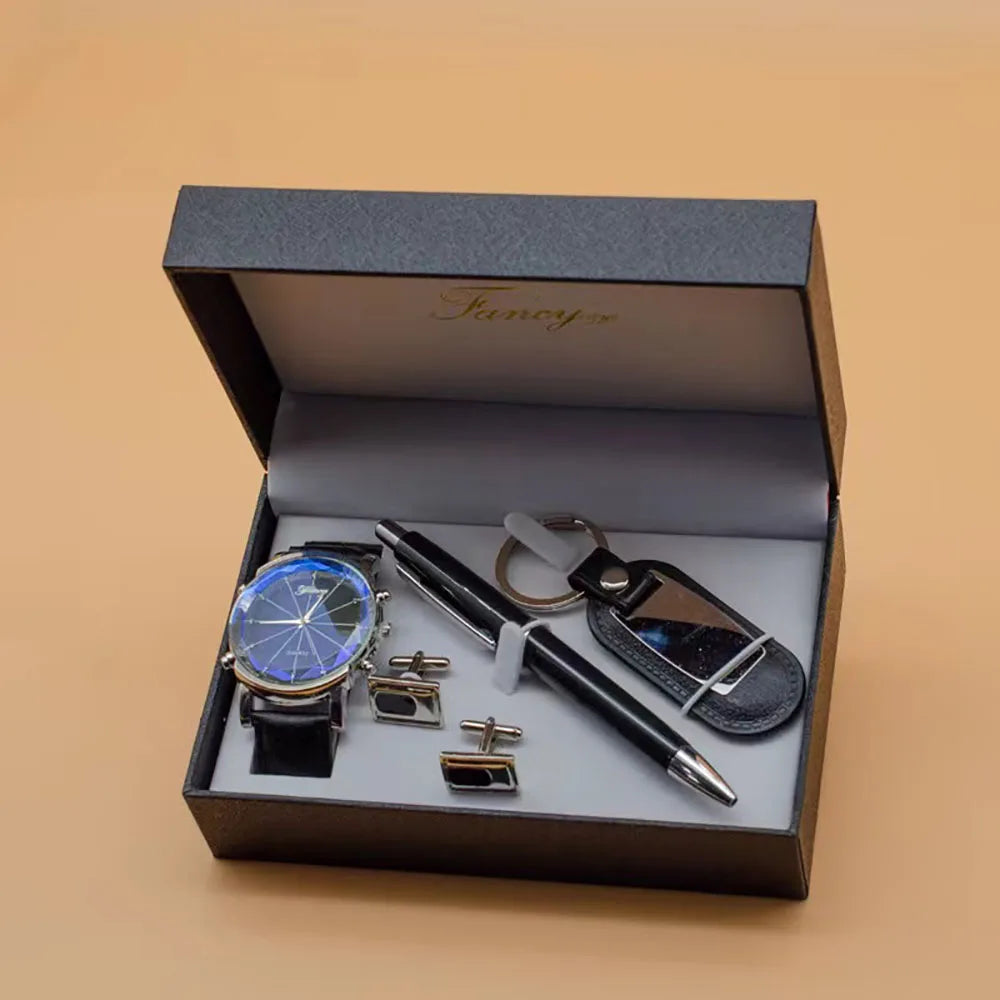 Luxury Men's Watch Gift Set with Keychain, Cufflinks, and Pen