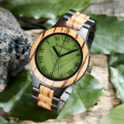 BOBO BIRD Men's Wooden Watch with Genuine Leaf – Custom Handmade Gift