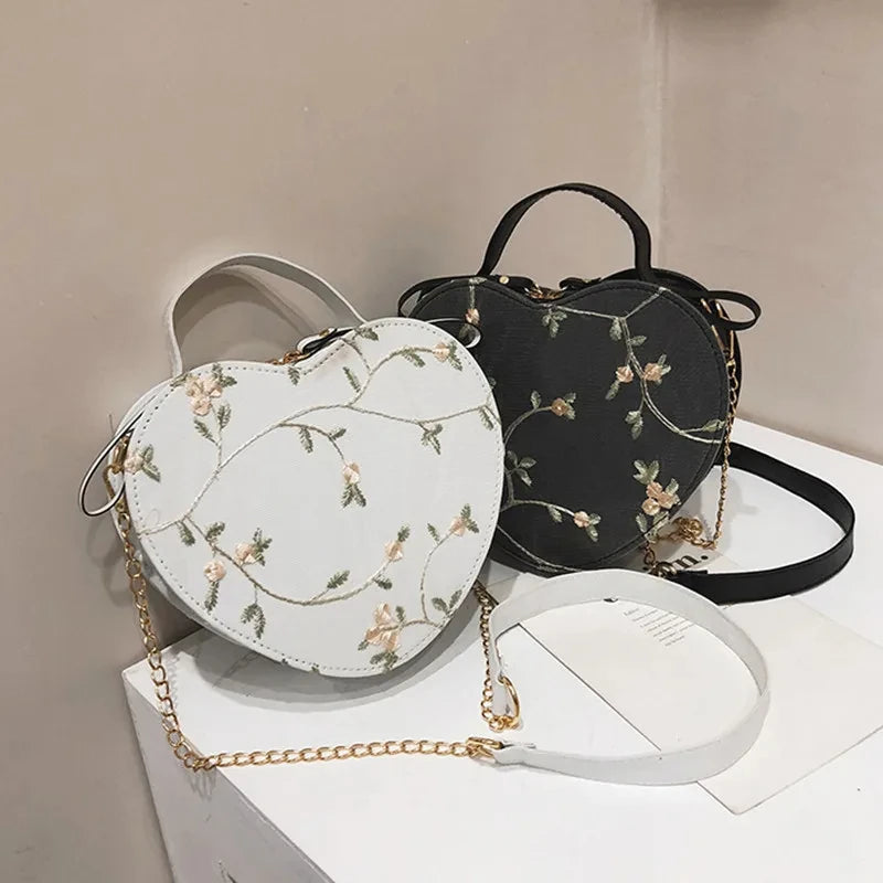 Sweet Lace Heart Round Handbag - High-Quality PU Leather Crossbody Bag