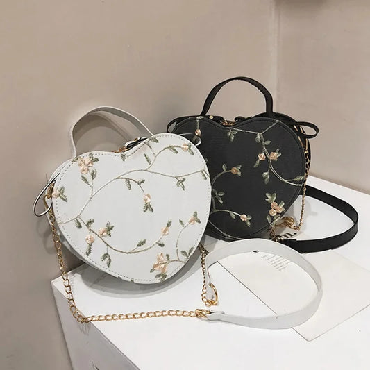 Sweet Lace Heart Round Handbag - High-Quality PU Leather Crossbody Bag