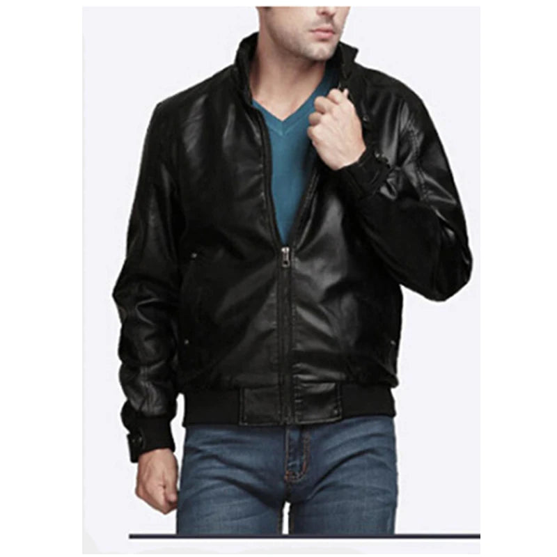 Men's Slim Fit Stand Collar Zipper Leather Jacket