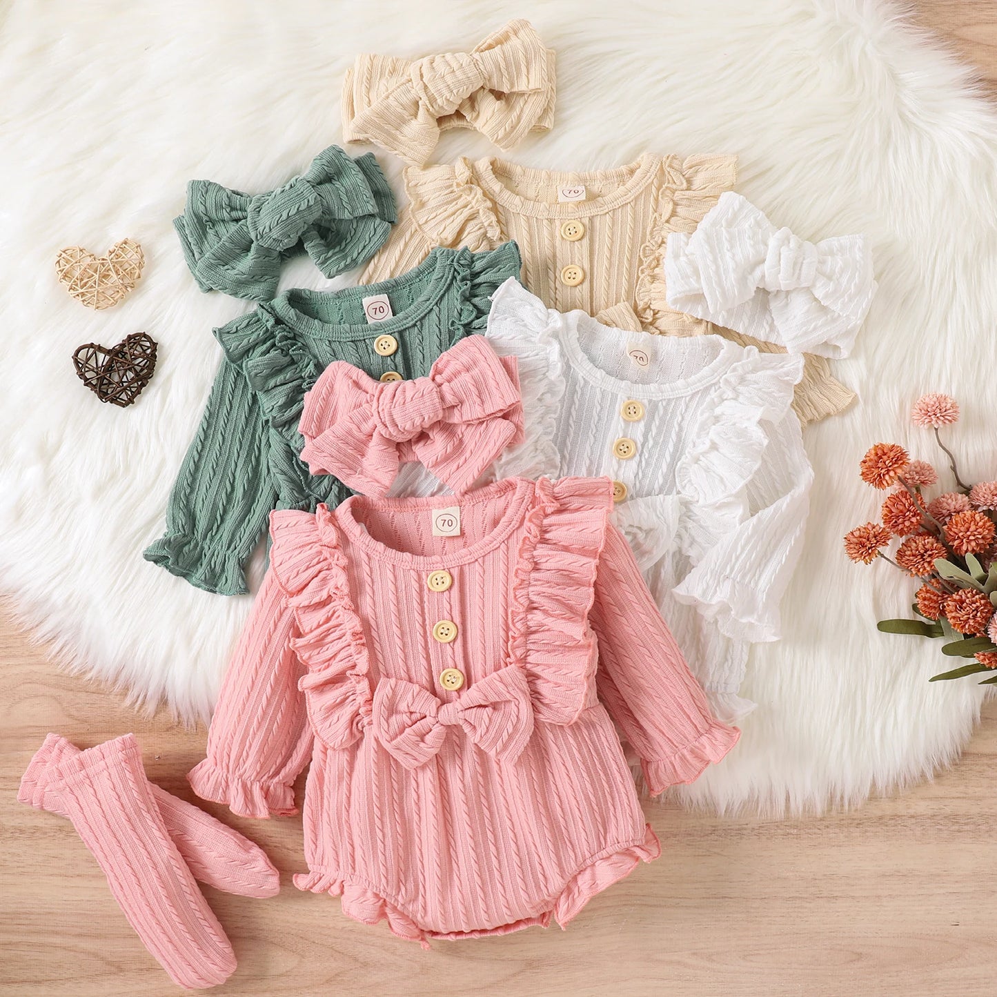 3-Piece Fall Outfit Set for Baby Girls | Ruffle Romper, Socks & Headband