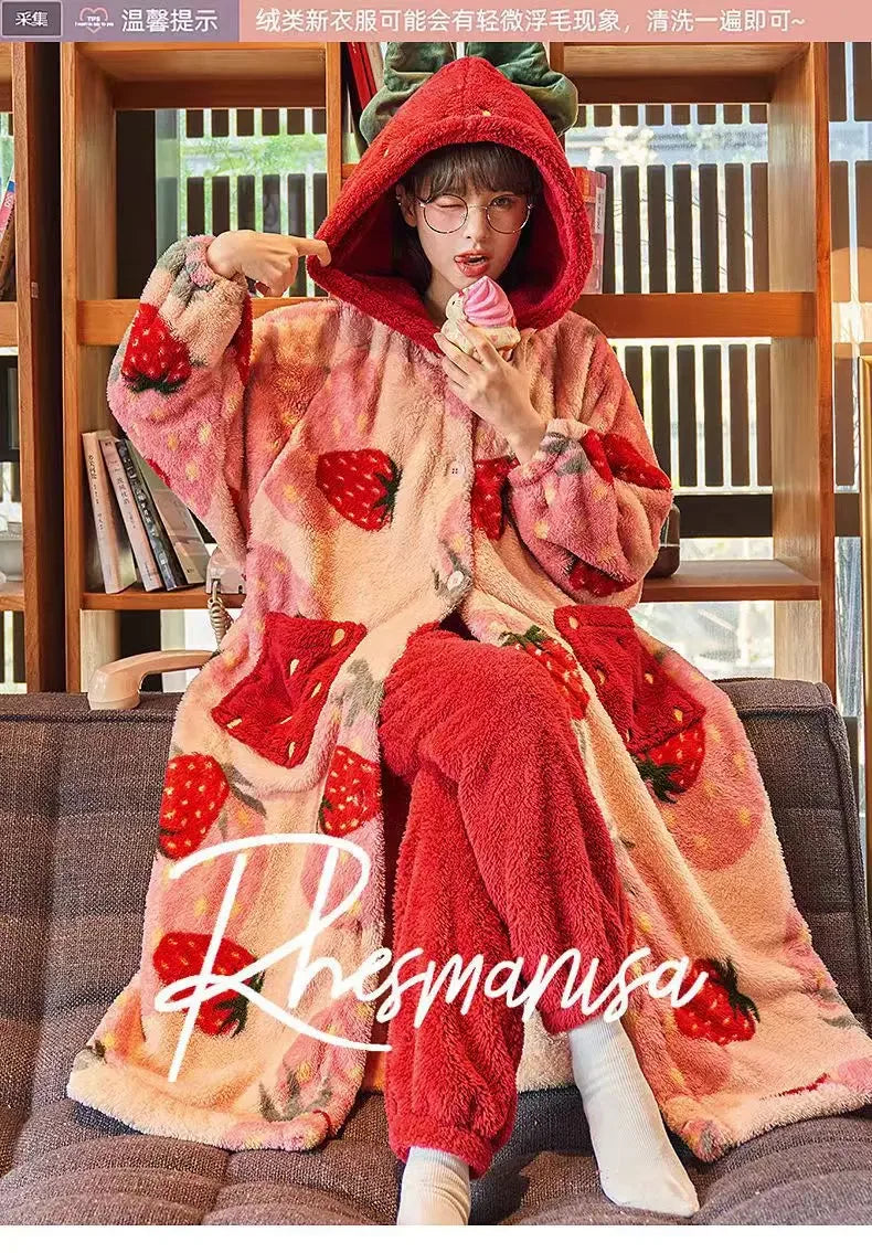 Women’s Strawberry Flannel-Hooded Bathrobe