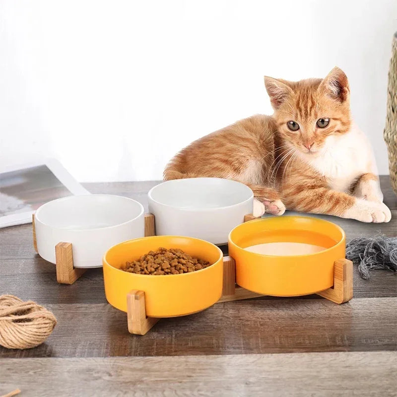 Ceramic Pet Bowl with Wood Stand