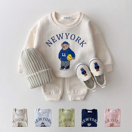 Korea 2023 Baby Boys Clothes Set – Letter Bear Hoodie & Pants