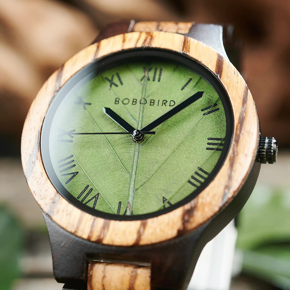 BOBO BIRD Men's Wooden Watch with Genuine Leaf – Custom Handmade Gift