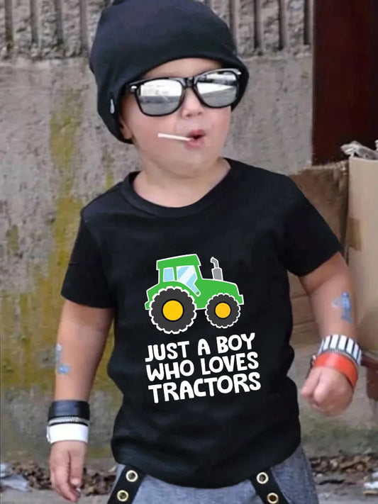 Just a Boy Who Loves Tractors- Printed Boys' T-Shirt