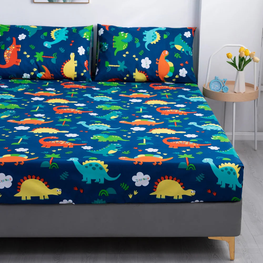 Cartoon Dinosaur Waterproof Fitted Sheet | Elastic Mattress Cover for All Seasons