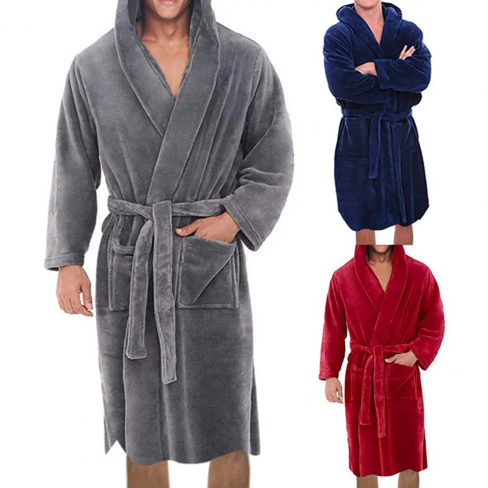 Men's Bathrobe | Solid Color Flannel Hooded Robe