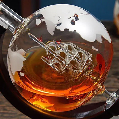 Creative Globe Decanter Set – Lead-Free Carafe with Wood Stand & 2 Whisky Glasses