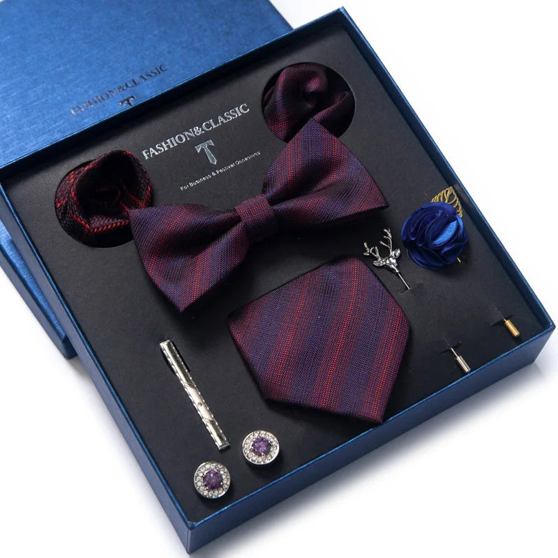 Silk Tie Set with Handkerchief, Cufflinks, and Bow Tie Clip