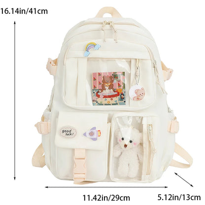 Preppy School Bag | Cute Nylon Student Backpack with Badge Pendant