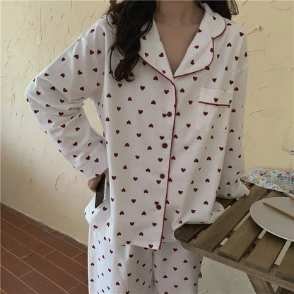 Heart Print Cotton Pajama Set | Casual Sleepwear